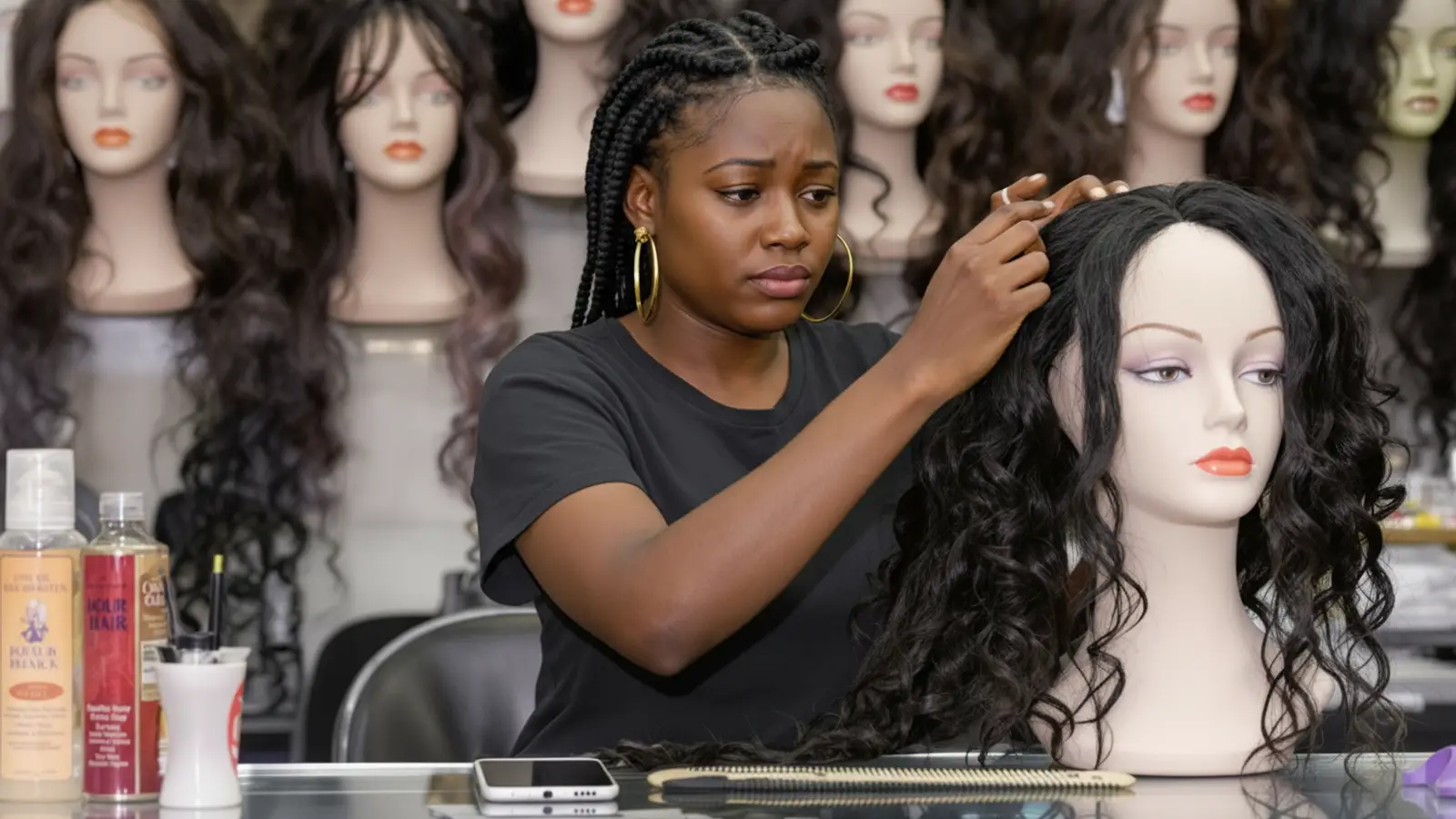 A young hair vendor pauses while combing a curly wig on a mannequin head at her counter, frowning at a thought, phone face down beside her